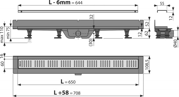 Душевой лоток AlcaPlast APZ30-650M с решеткой и опорами Душевой лоток AlcaPlast APZ30-650M с решеткой и опорами