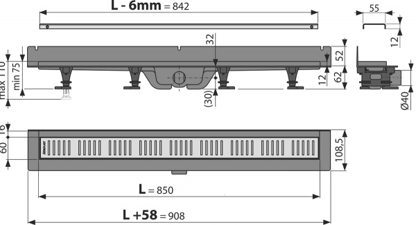 Душевой лоток AlcaPlast APZ30-850M с решеткой и опорами Душевой лоток AlcaPlast APZ30-850M с решеткой и опорами