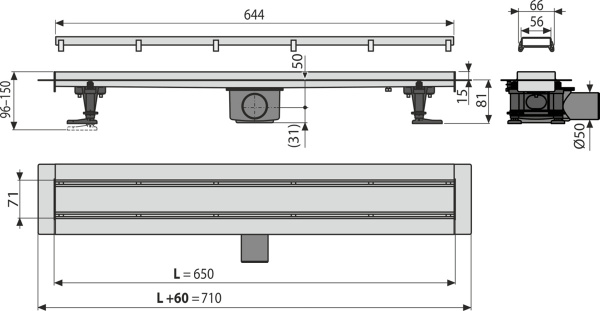 Душевой лоток AlcaPlast APZ13-DOUBLE9-650 с решеткой и опорами Душевой лоток AlcaPlast APZ13-DOUBLE9-650 с решеткой и опорами