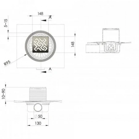 Трап водосток ZENTRUM Antik 150х150 матовый хром 090365 Трап водосток ZENTRUM Antik 150х150 матовый хром 090365